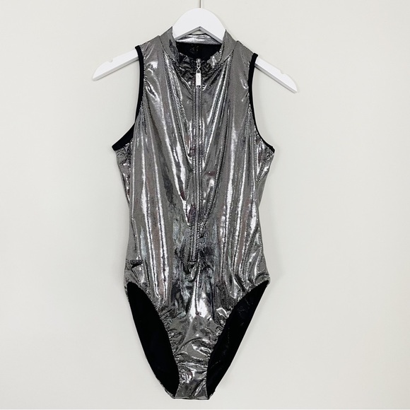 Speedo Vintage sparkling shiny Silver Swimsuit Tyra Banks Victorias Secret Sz 14 - Picture 2 of 15